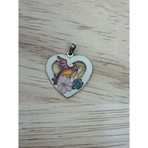 Goldtone Heart Necklace Pendant Red Bird Flowers‎ Enamel Silvertone Bail #AA Vtg